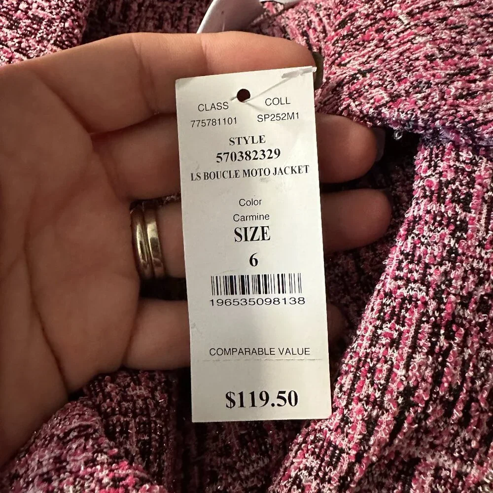 NWT White House Black Market Long Sleeve Boucle Moto Jacket Carmine 6